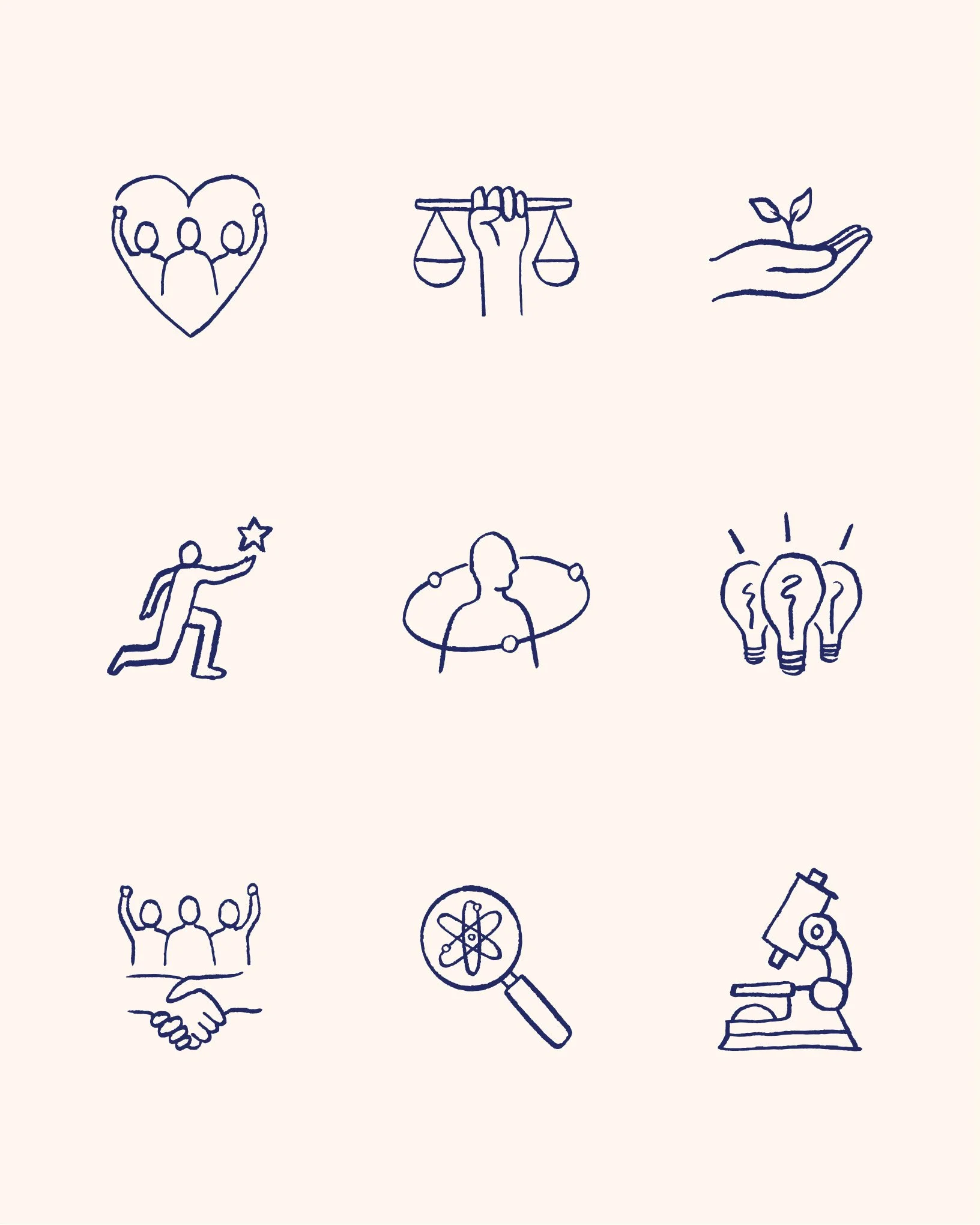 The nine new illustrated icons, featuring a delicate yet strong hand-drawn line, in dark blue on a sand-colored background.