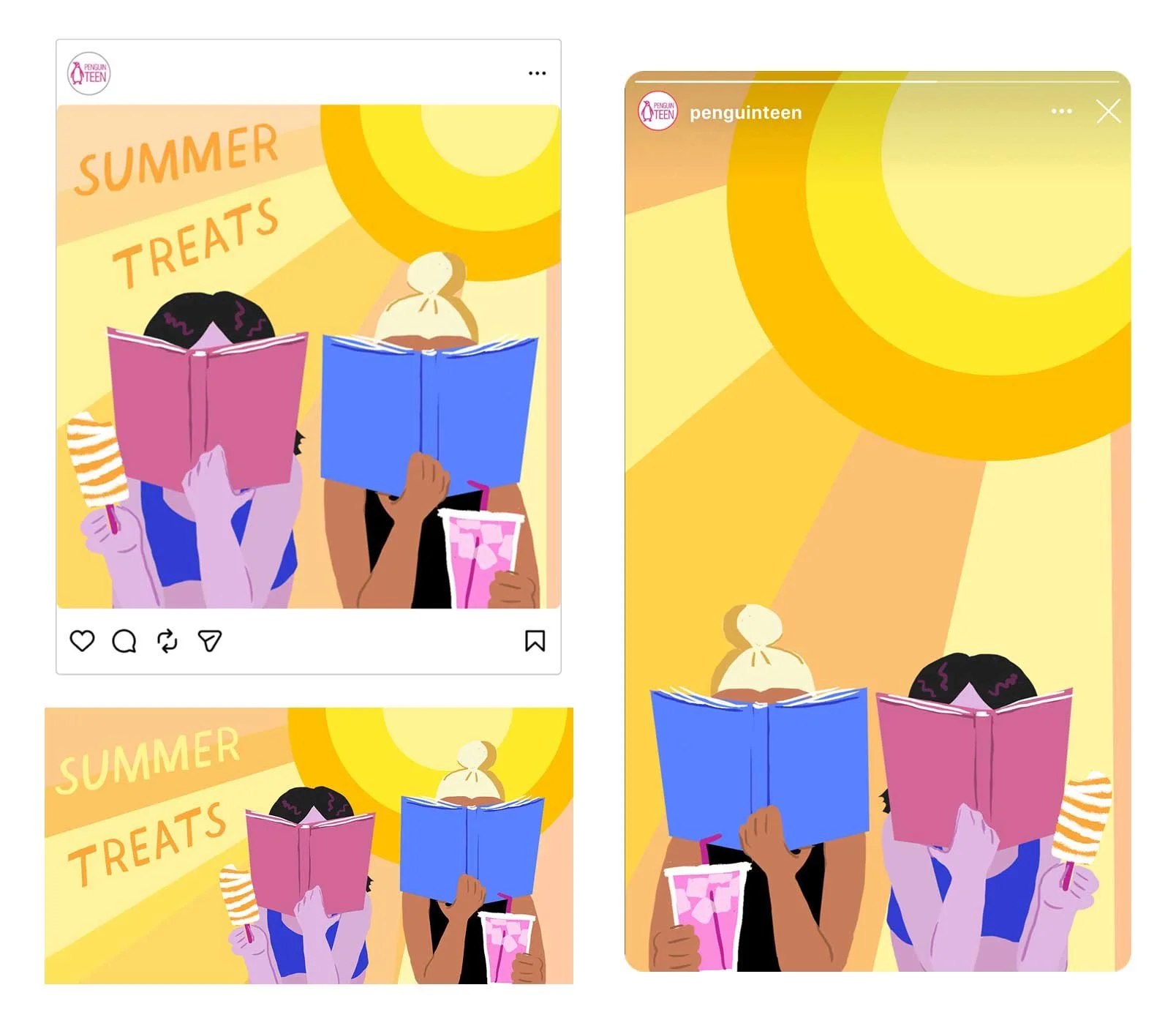Illustration of two young girls reading books and enjoying popsicles on a sunny day, and the words 'Summer Treats'.
