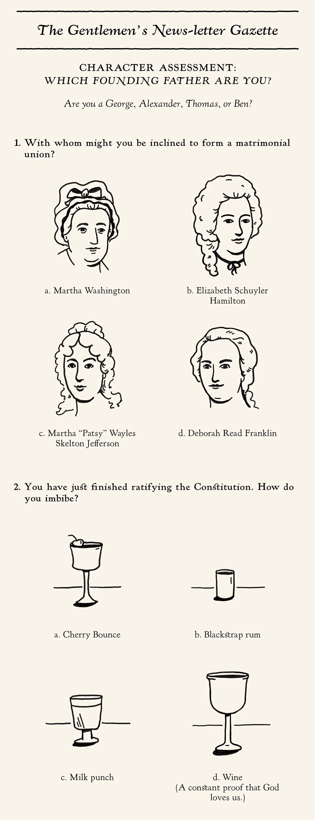 Questions 1 and 2 of a humor quiz styled like a colonial-era newspaper on a cream background, called "The Gentleman's News-letter Gazette."