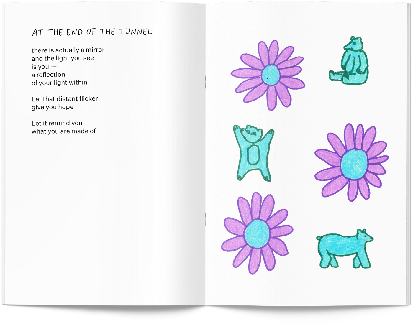 The ninth spread from This Way to the Garden, a zine by Delaney Gibbons, featuring her poem "At the end of the tunnel"