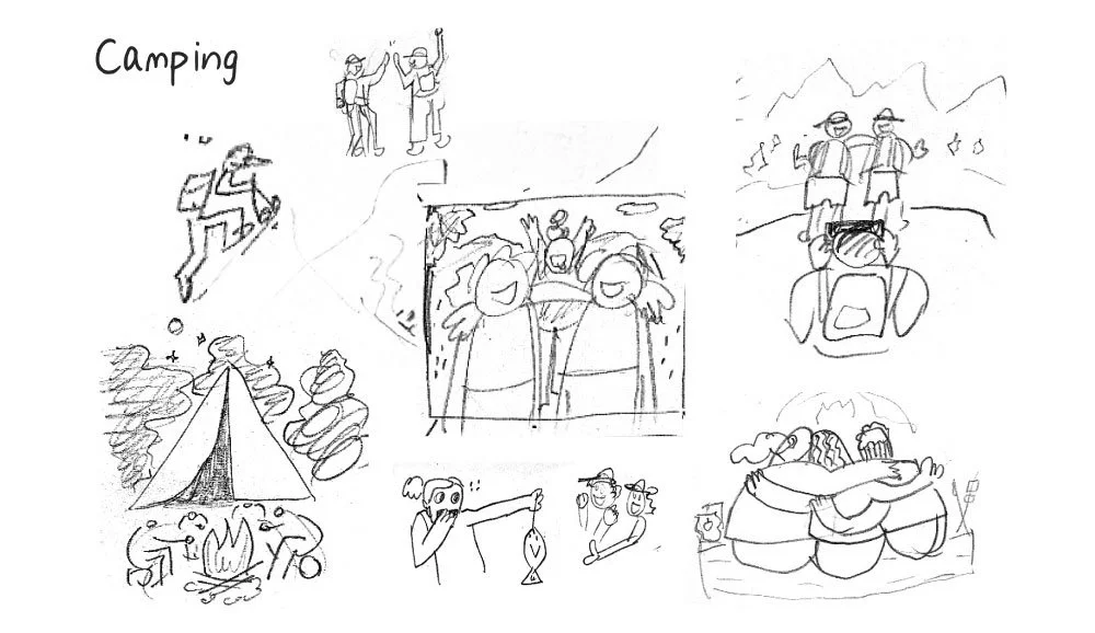Several sketches of people camping outdoors, including hiking, sitting around a campfire, and enjoying nature.