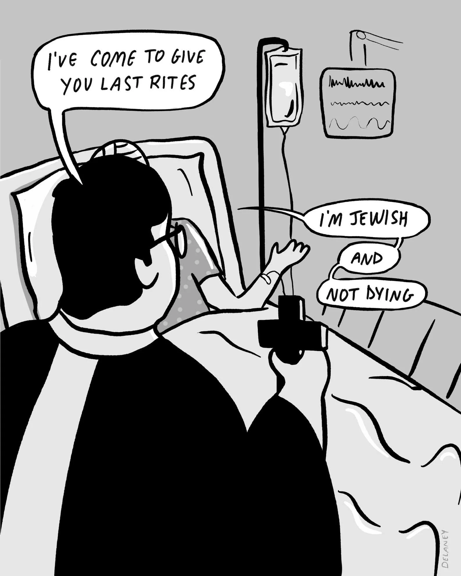 Black and white cartoon drawing of a priest giving last rites to a healthy patient in a hospital bed.