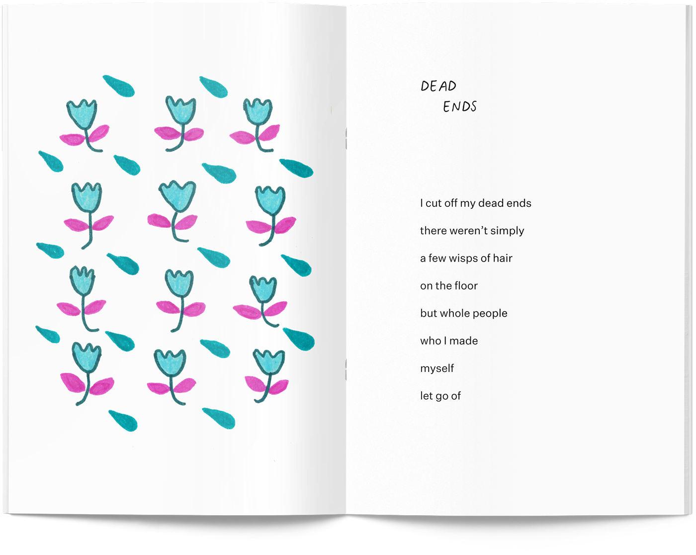 The sixth spread from This Way to the Garden, a zine by Delaney Gibbons, featuring her poem "Dead Ends"