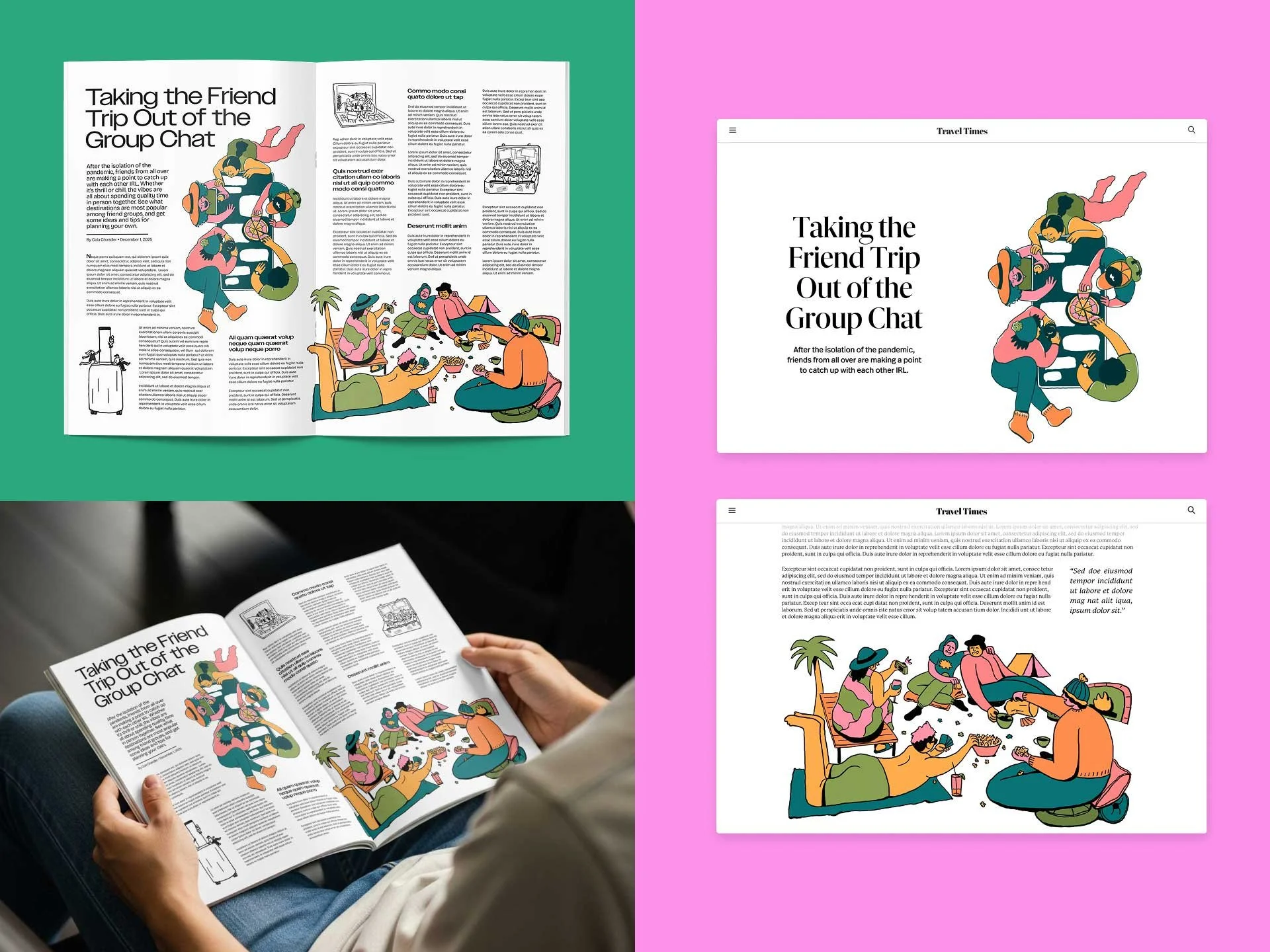 Colorful illustrated magazine spread with the headline "Taking the Friend Trip Out of the Group Chat," showing a group of friends relaxing outdoors, eating, talking, and playing with a phone on a vibrant pink and teal background.