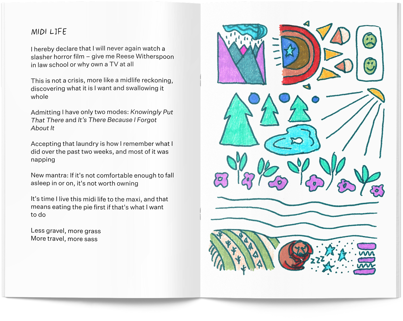 The second spread from This Way to the Garden, a zine by Delaney Gibbons, featuring her poem "Midi Life"