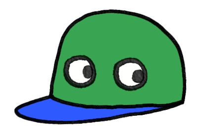 Cartoon green and blue baseball cap with eyes