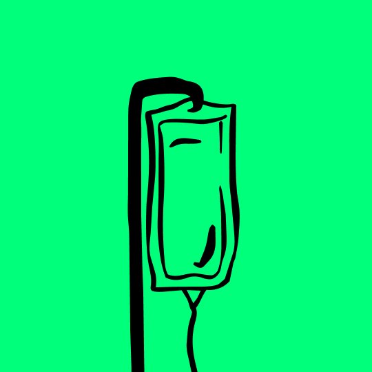 Line drawing of an IV drip hanging from a stand with a green background.