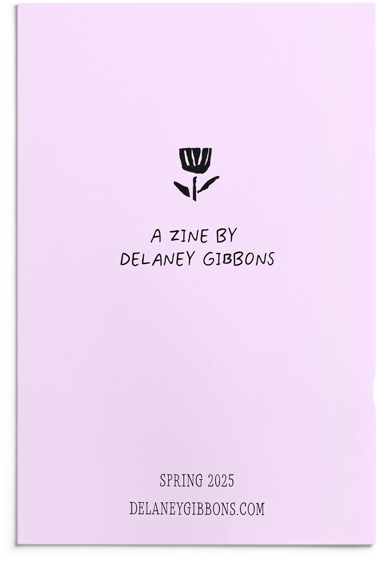 Back cover, featuring a small black linocut flower on a pink background.