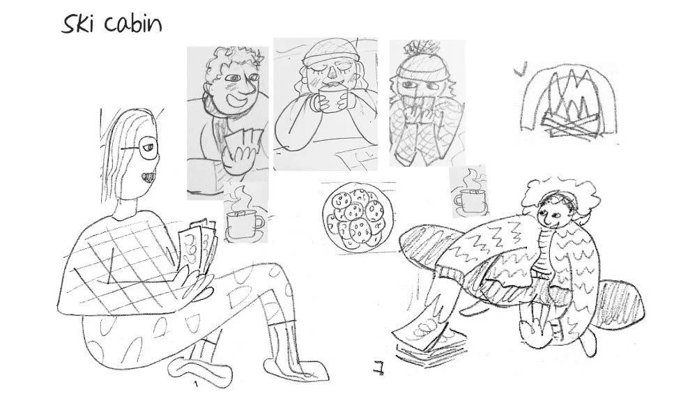 A sketch of a group of five people inside a ski cabin, with a woman sitting with her legs crossed holding a magazine, surrounded by steaming mugs, a plate of cookies, and a child sitting on a blanket with a blanket draped over her shoulders.