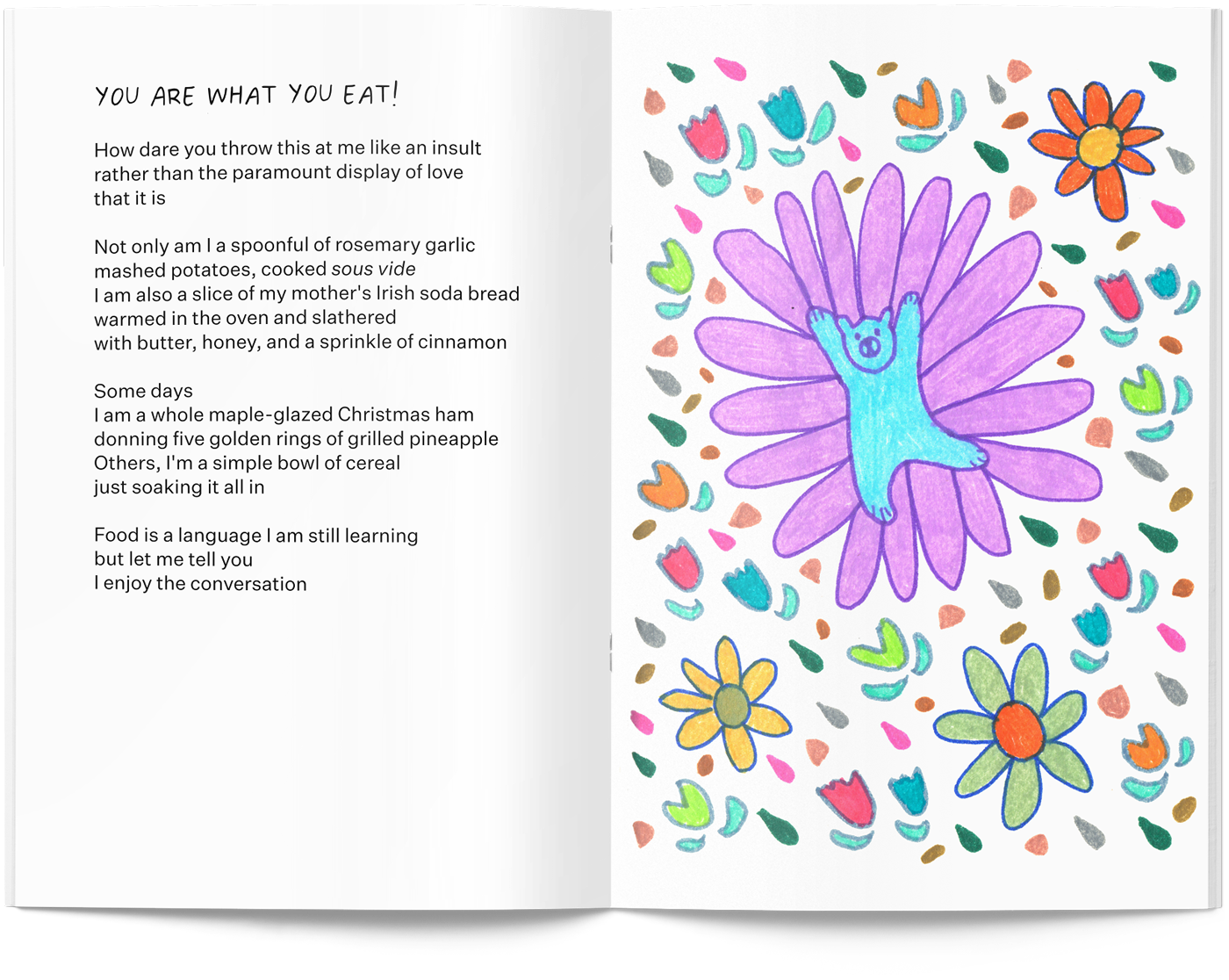 The fifth spread from This Way to the Garden, a zine by Delaney Gibbons, featuring her poem "You Are What You Eat!"