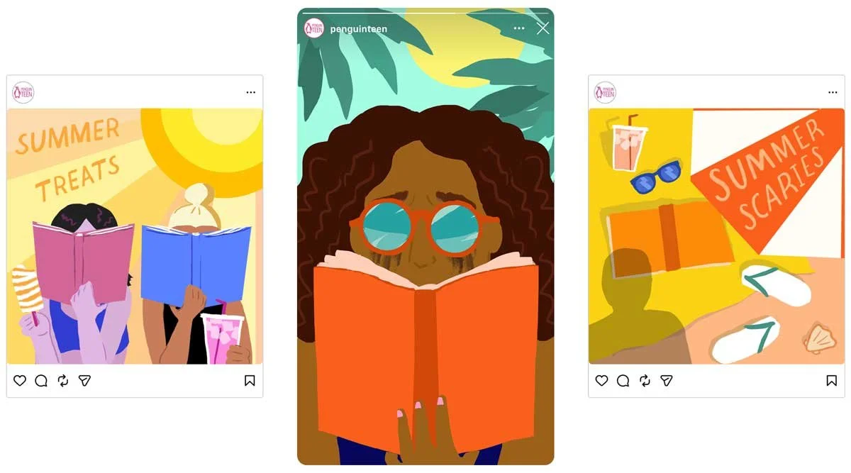 A display of Penguin Teen Instagram shares depicting three different summer reading experiences – treats, feels, and scaries.