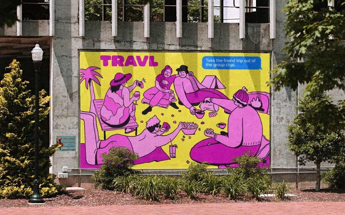A colorful mural on a building wall depicting a group of friends relaxing and socializing outdoors, with one person on a lounge chair, others sitting nearby, and a woman with a hat taking a drink. A speech bubble on the mural reads, "Take the friend trip out of the group chat."