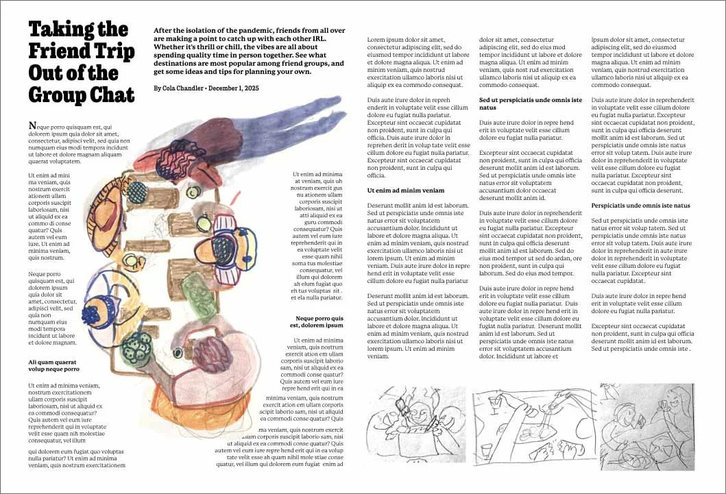 An illustrated page layout with a colorful drawing of various snacks, a group chat, and three small sketches at the bottom showing people enjoying a meal together.