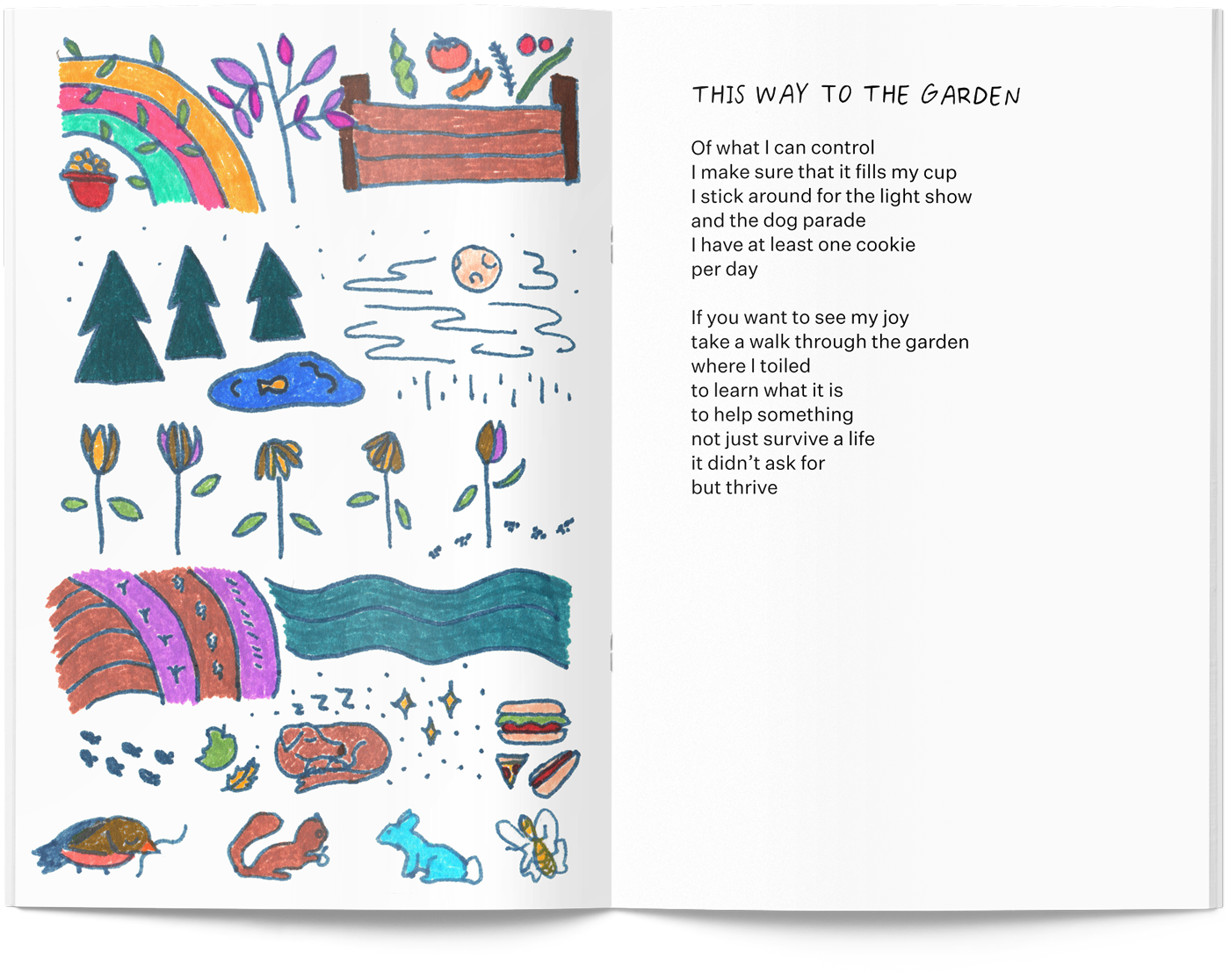 The eighth spread from This Way to the Garden, a zine by Delaney Gibbons, featuring her poem "This Way to the Garden"