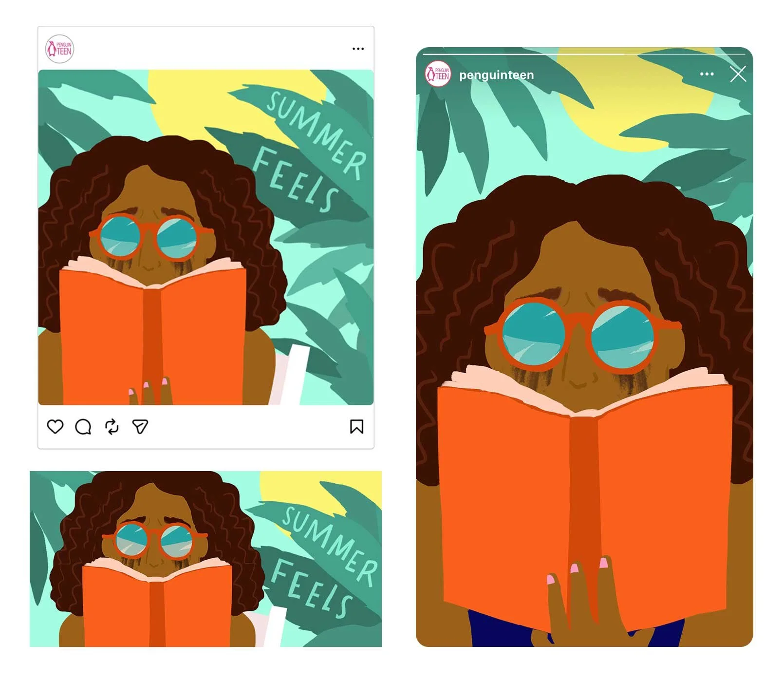 Illustration of a woman with curly hair wearing sunglasses that mask streaked eye makeup. She is reading a large orange book with a background of green leaves and the words 'Summer Feels'.