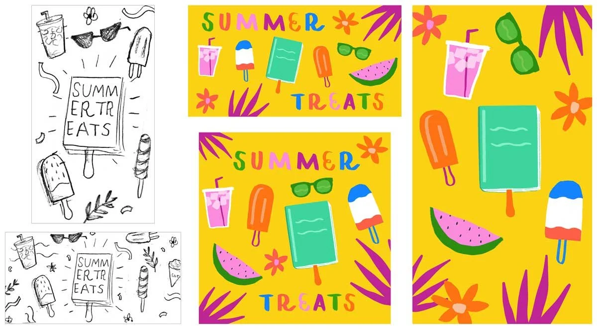 Colorful summer-themed illustrations on a yellow background, and the words "Summer Treats" in colorful letters.