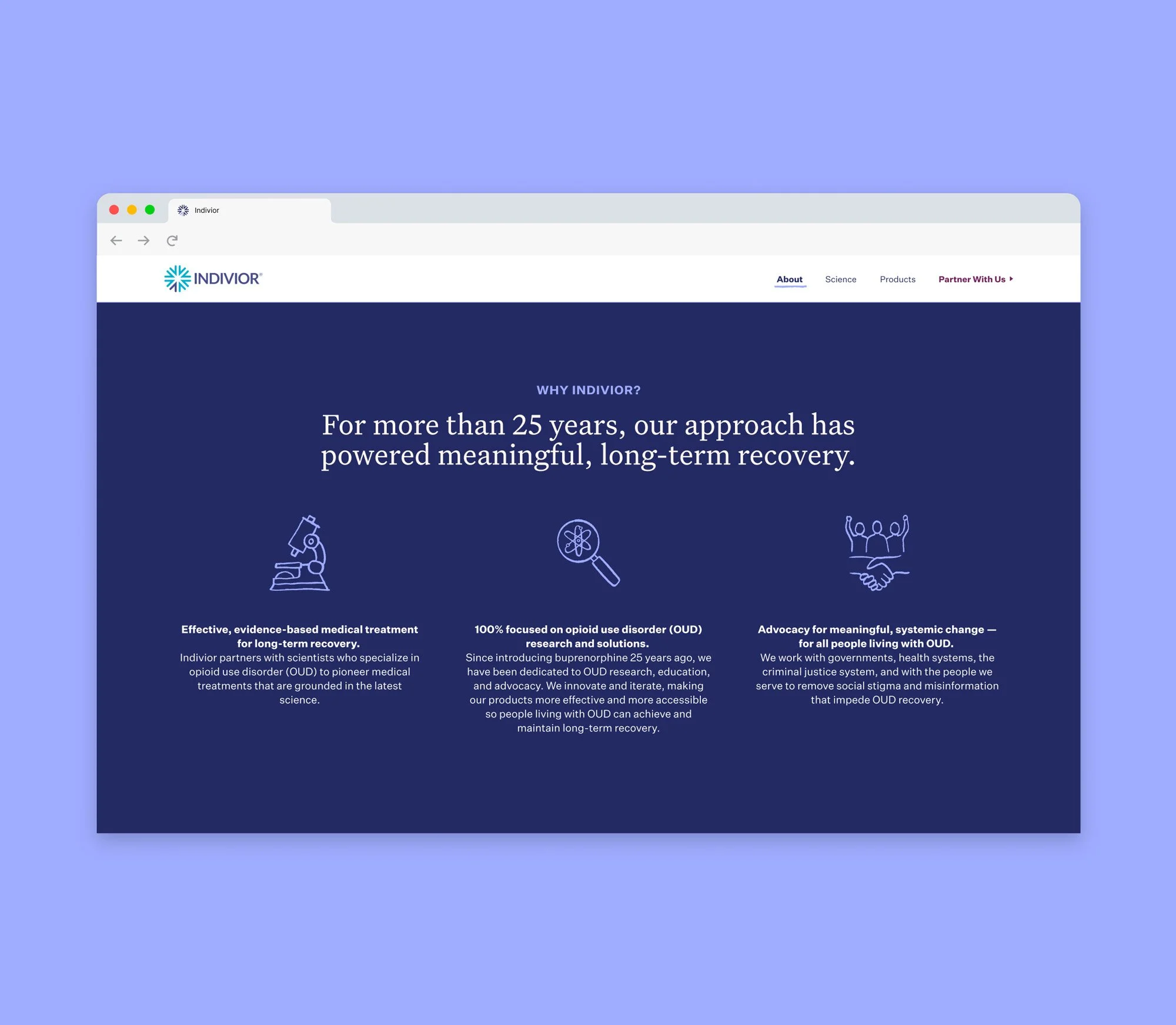 White text on a dark blue web page mockup showcasing 3 of the new icons in use, colored light purple.