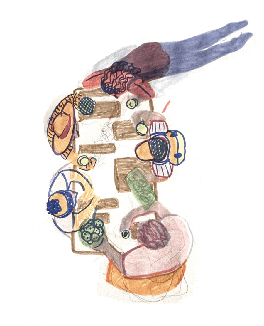 Colorful, abstract watercolor painting of a person with dark curly hair and a brown skin tone, sitting at a table with food and drink, with a white background.