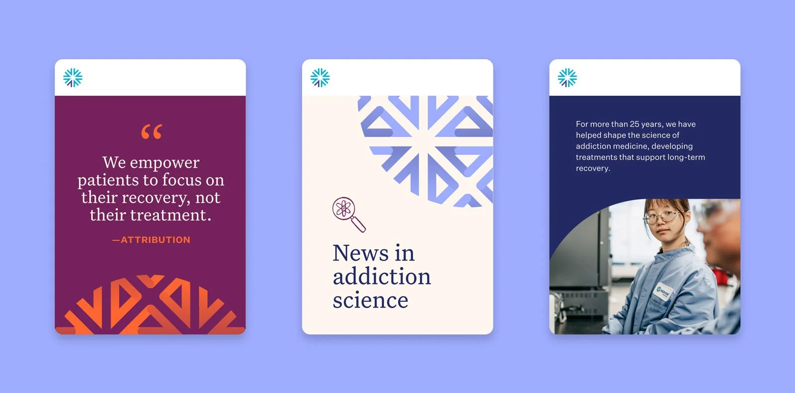 Three social share card examples, including a pull quote, a carousel header featuring a magnifying glass icon, and a cropped photo of a scientist at work in the lab.
