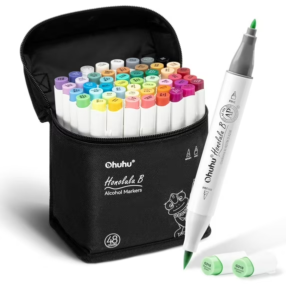 product image of 48 count of Ohuhu markers standing upright in a black zip up case. One green marker is in front of the set uncapped at both ends to show the bullet and brush nibs
