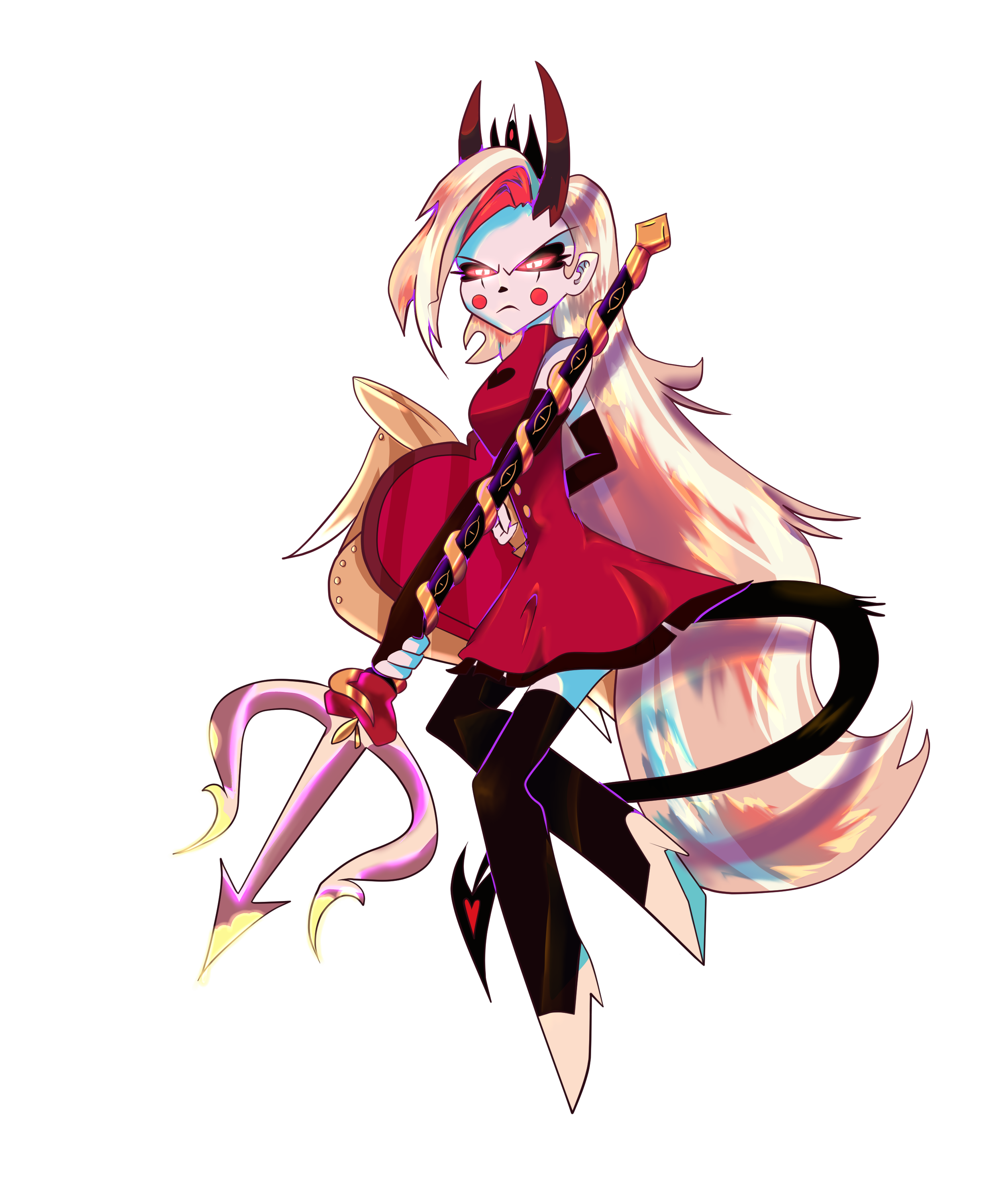 Digital cartoon image of Charlie from Hazbin Hotel. She is in her red battle dress holding a trident with a golden snake wrapped around. In her other arm behind her, she is holding a red shield with wings. Long light hair with dark tail and horns.