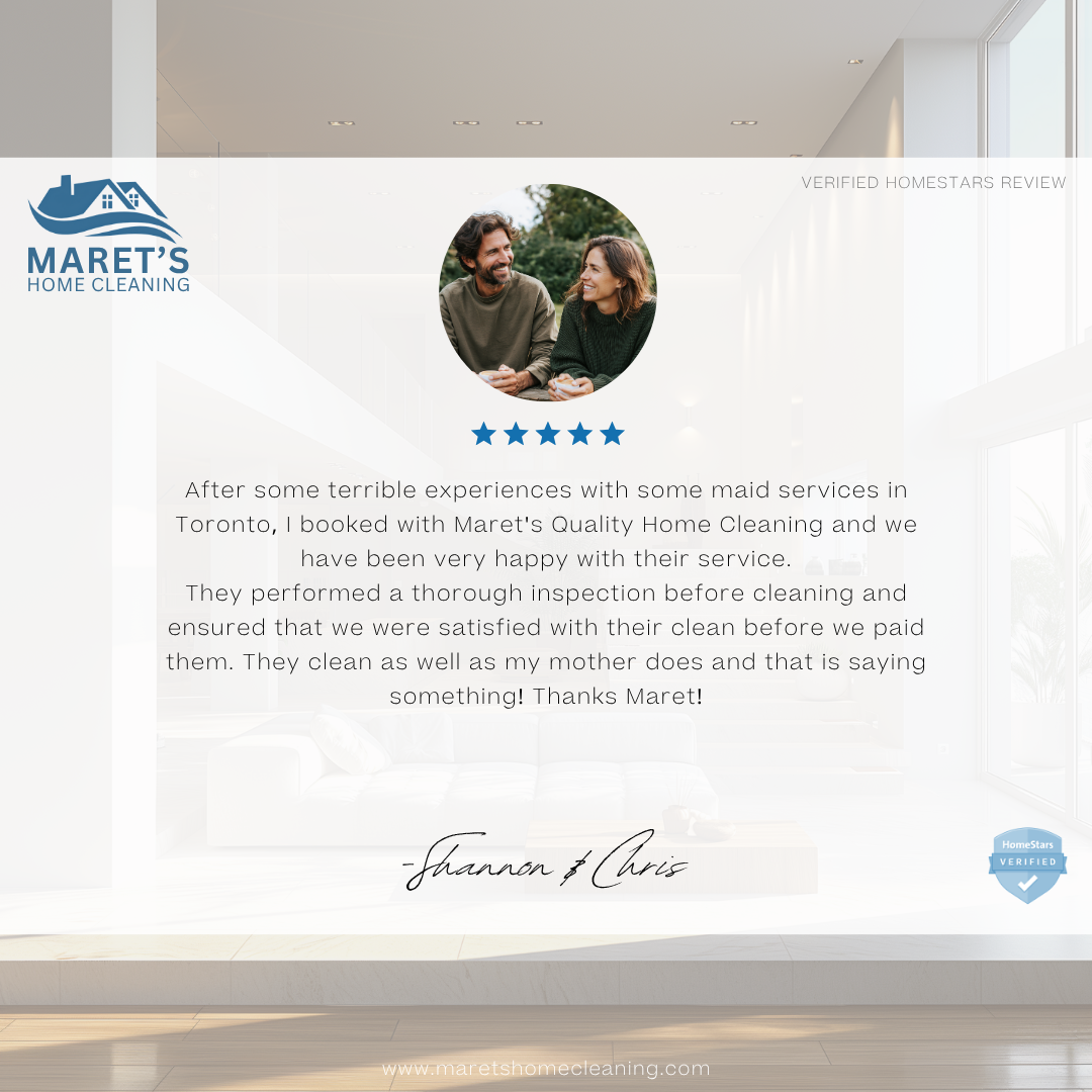 Verified Testimonial Reviews for Toronto Best Cleaning Company & Services by Marets Home Cleaning located in Toronto, ON. We are Toronto's best and rated for our cleaning services.