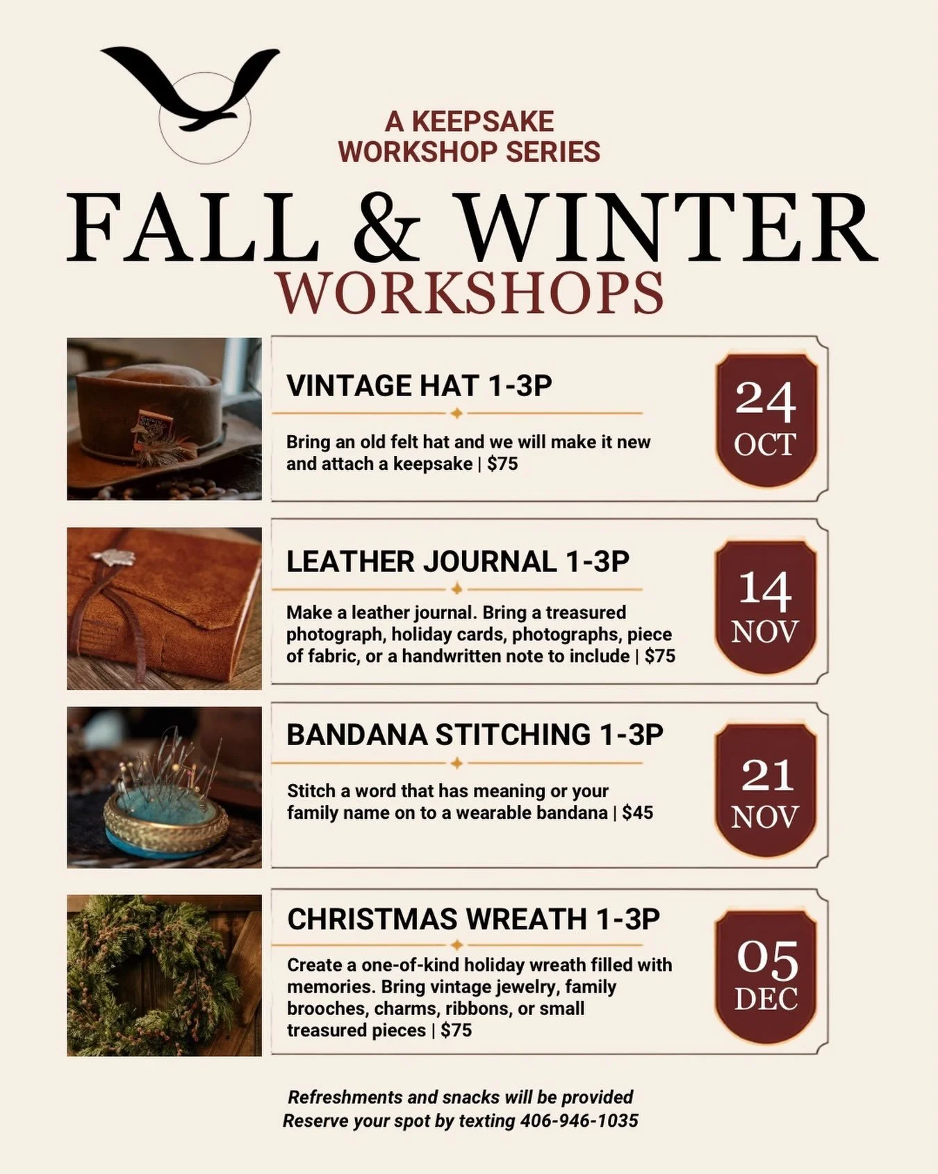 MADE OF MEMORIES..
A Keepsake Workshop Series 🍁🏔️
Join us this fall and winter in our newest space, Paradise Alley! ✨ 
A creative gathering place designed to inspire and bring our community together through art, wellness workshops and pop -up exper