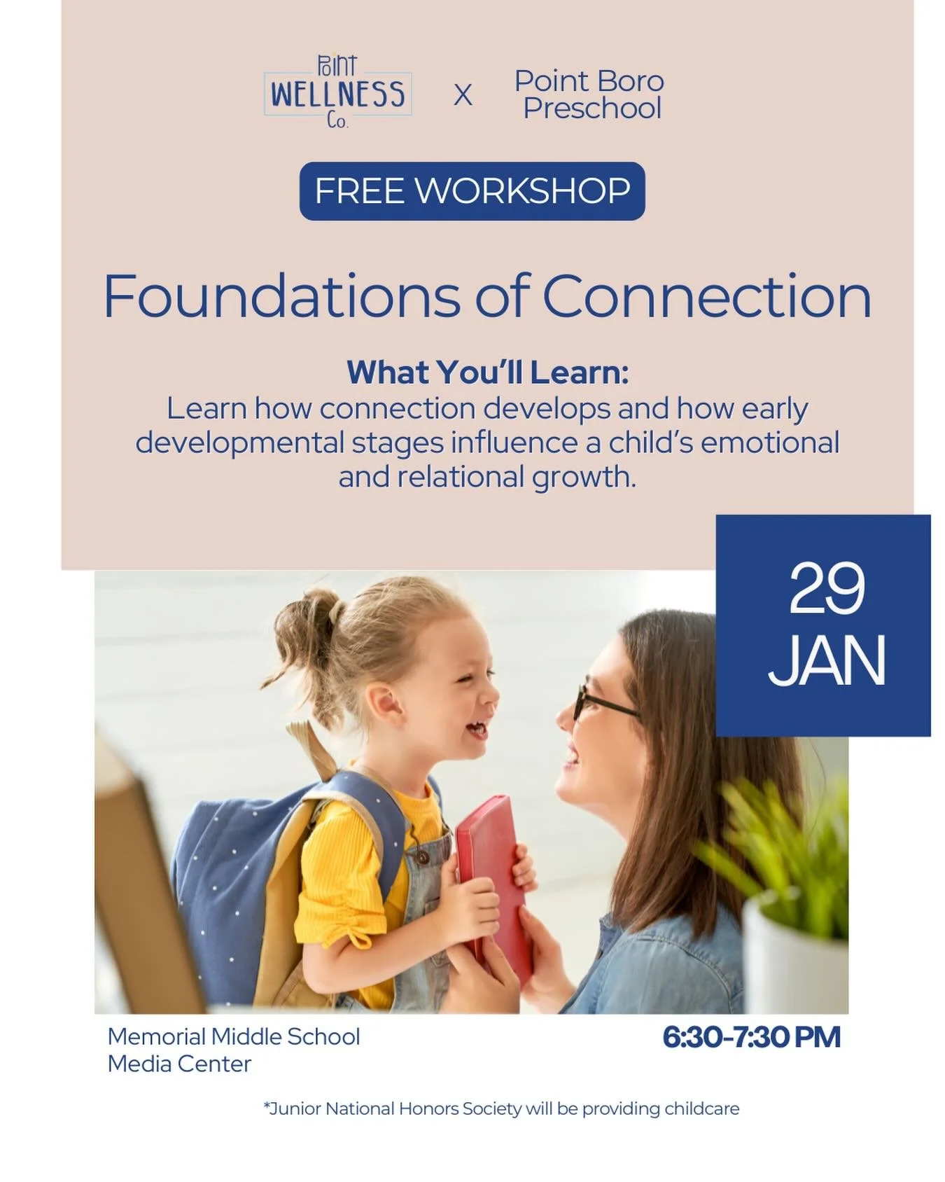 FREE WORKSHOP 1/29: Foundations of Connection

Join us and Point Boro Preschool for the first workshop in our Connected Parenting Workshop Series. Together we will explore how early stages shape emotional and relational growth in children. Link in bi