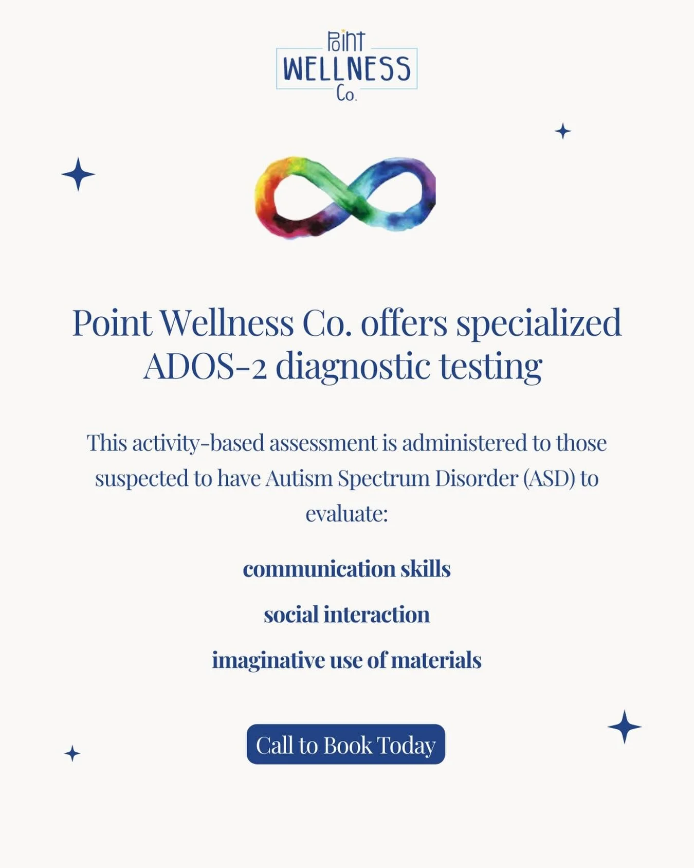 Our ADOS-2 evaluations help families better understand their child&rsquo;s strengths and needs.

Call/DM for more information or to book an evaluation!

#ados2testing #autismevaluation #pointwellnessco