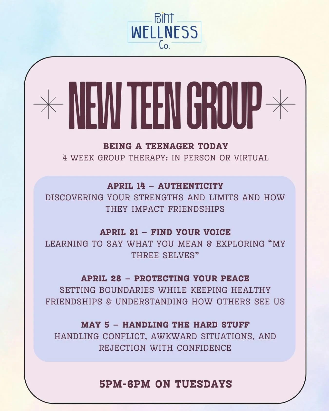 We are so excited to announce our new teen therapy group, Being a Teenager Today, starting April 14th! This group will run for 4 weeks on Tuesdays from 5-6pm. 

Open to teens 14-17, in-person or virtual! Call or DM for more details or to sign up toda