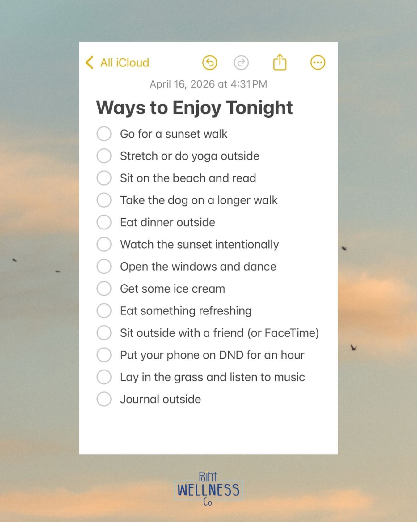If you don&rsquo;t want to miss out on enjoying the beautiful weather but can&rsquo;t think of what to do, give one or two of these a try!

#selfcare #spring #mentalreset