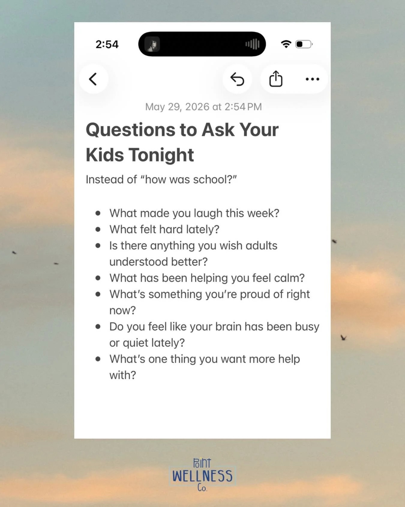 Connection doesn&rsquo;t always come from big conversations. Sometimes it&rsquo;s five intentional minutes in the car, before bed, or during a walk. 

Small check-ins help kids feel seen, safe, and understood. 

#pointwellnessco #parentingsupport #co