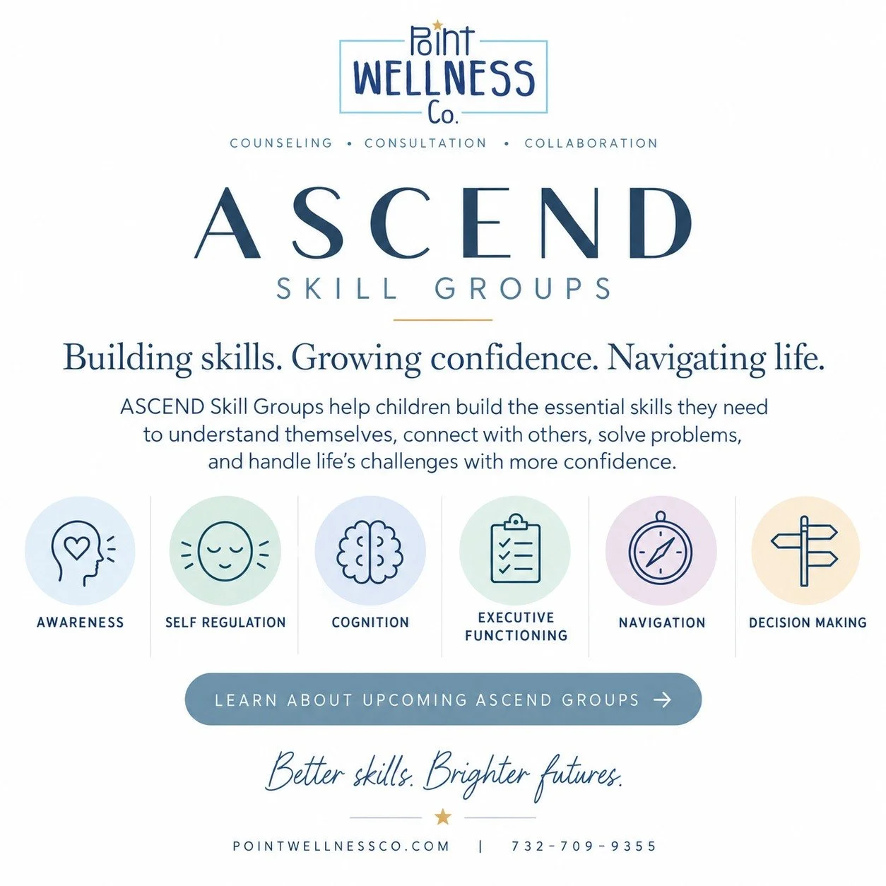 ASCEND Skill Groups with Dr. Laura Lyons, BCBA! Ask about upcoming groups designed to help children build everyday skills that support confidence, independence, flexibility, and connection. From self-regulation to problem-solving, ASCEND gives kids a