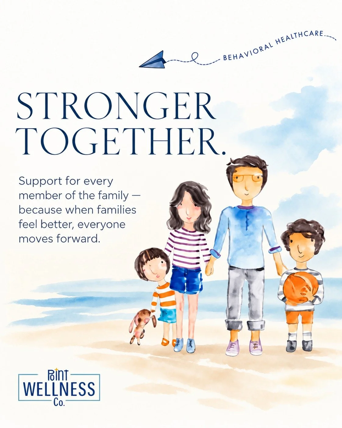 Stronger together. 💙
Wellness doesn&rsquo;t happen in isolation. When one member of a family needs support, it can affect everyone.
At Point Wellness Co., we&rsquo;re here for the whole family&mdash;with thoughtful, collaborative care for children, 