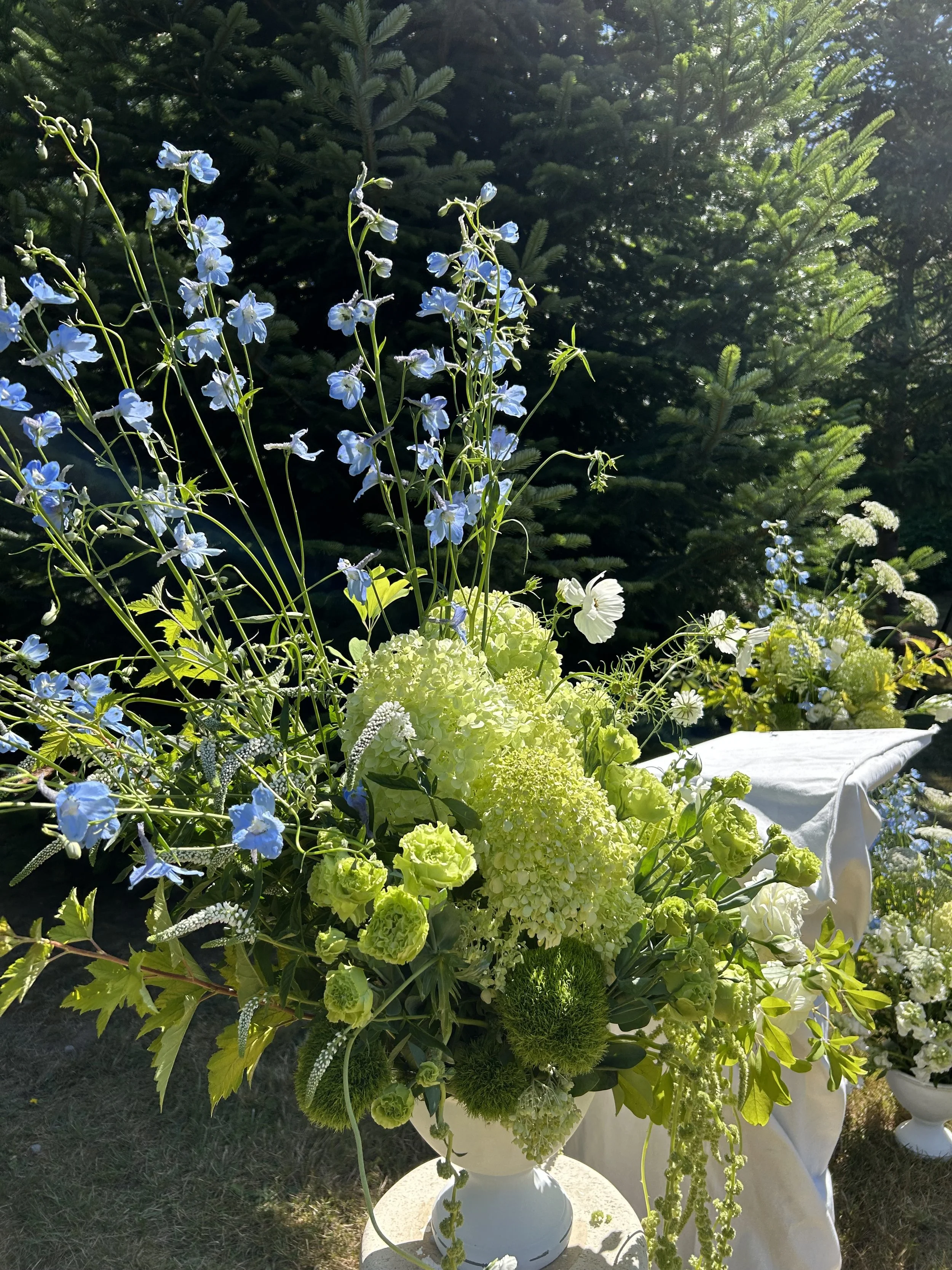 A decorative floral arrangement in a white urn-shaped vase featuring blue delphinium flowers, green hydrangeas, and various greenery with a background of evergreen trees and sunlight.