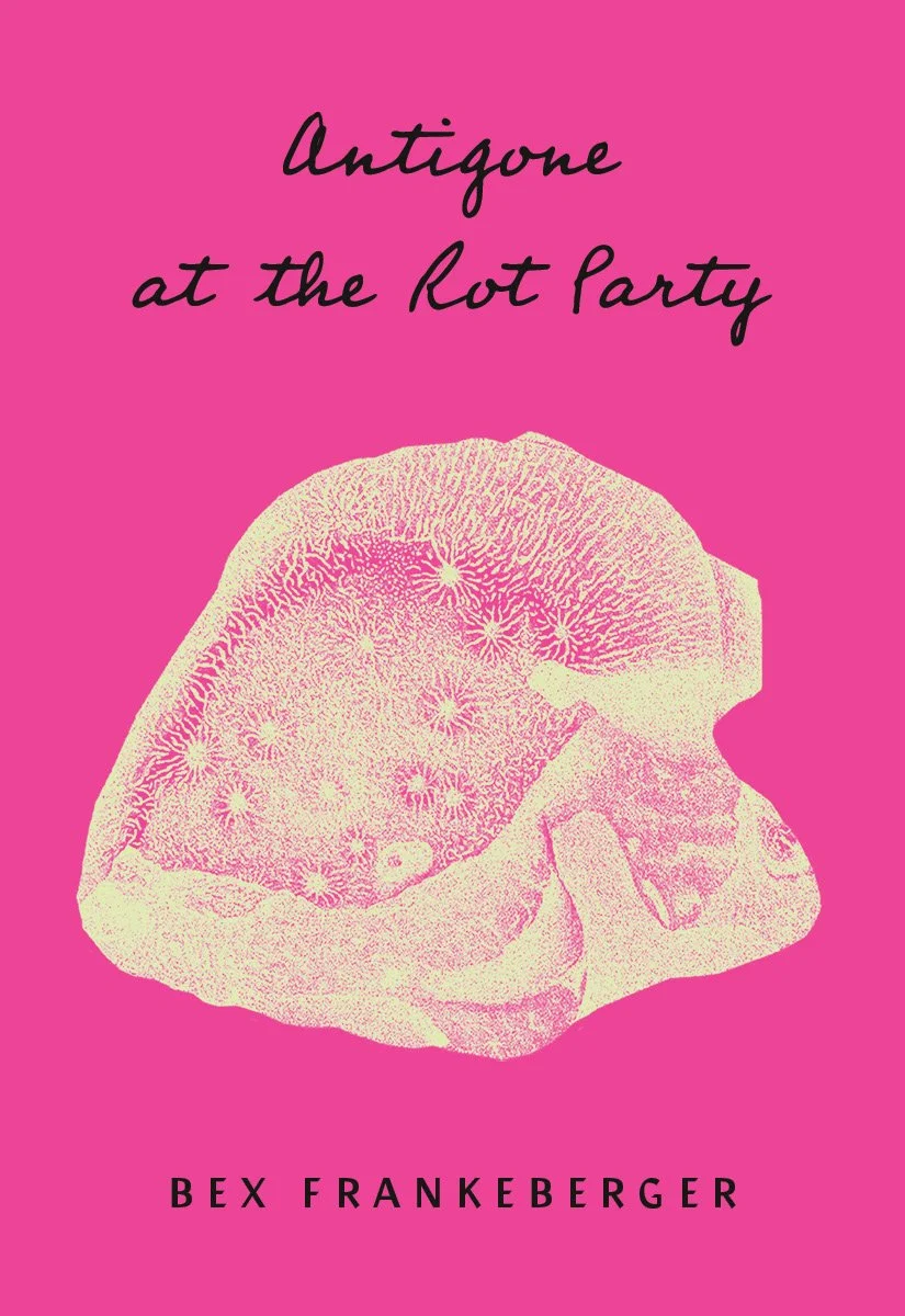 Book cover with pink background, featuring an artistic illustration of a fossil, titled 'Antigone at the Rot Party' by Bex Frankeberger.