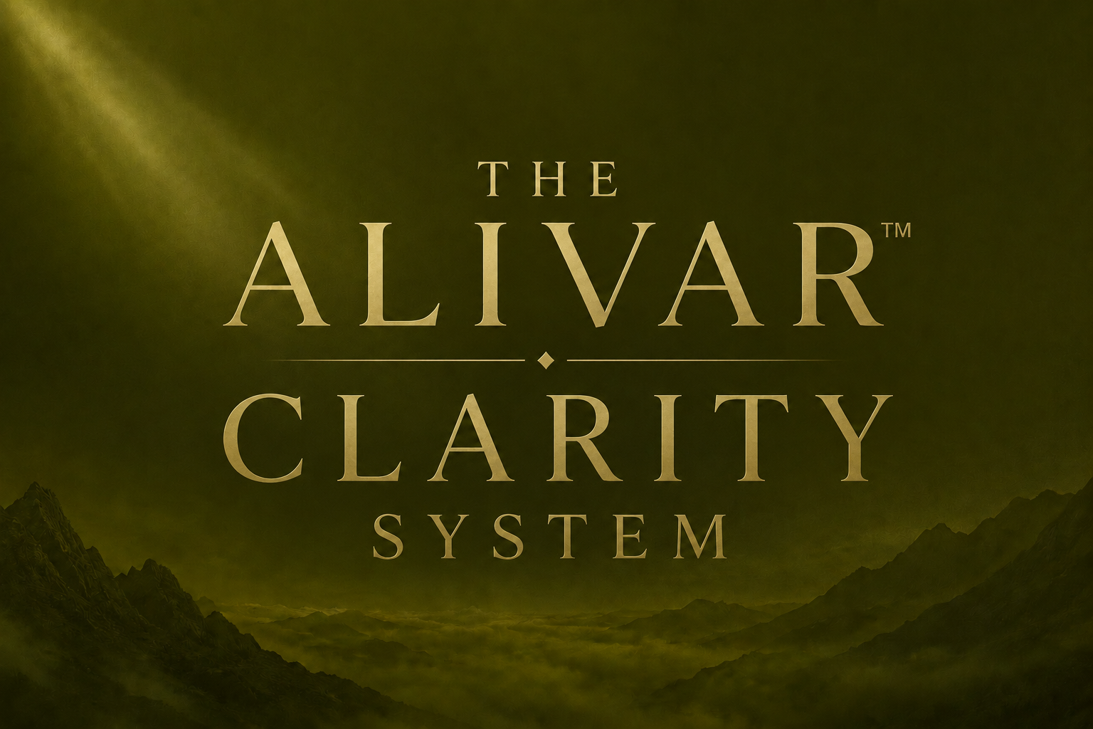 Title screen for the Alivar Clarity System with a dark mountain landscape background and spotlight effect