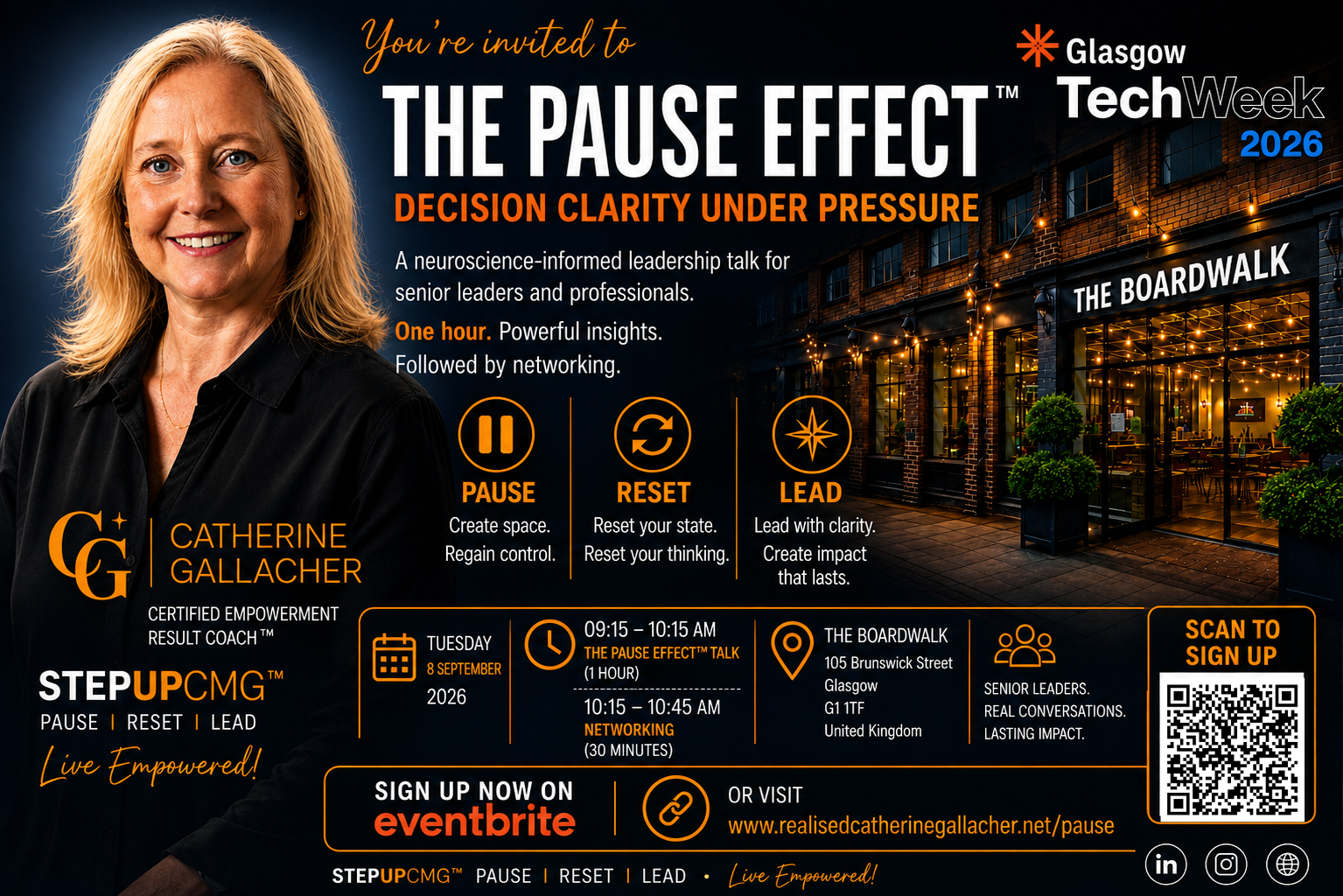 Invitation to 'The Pause Effect' leadership event in Glasgow, featuring a photo of Catherine Gallacher, with event details, schedule, and QR code for sign-up, set against an evening cityscape background.
