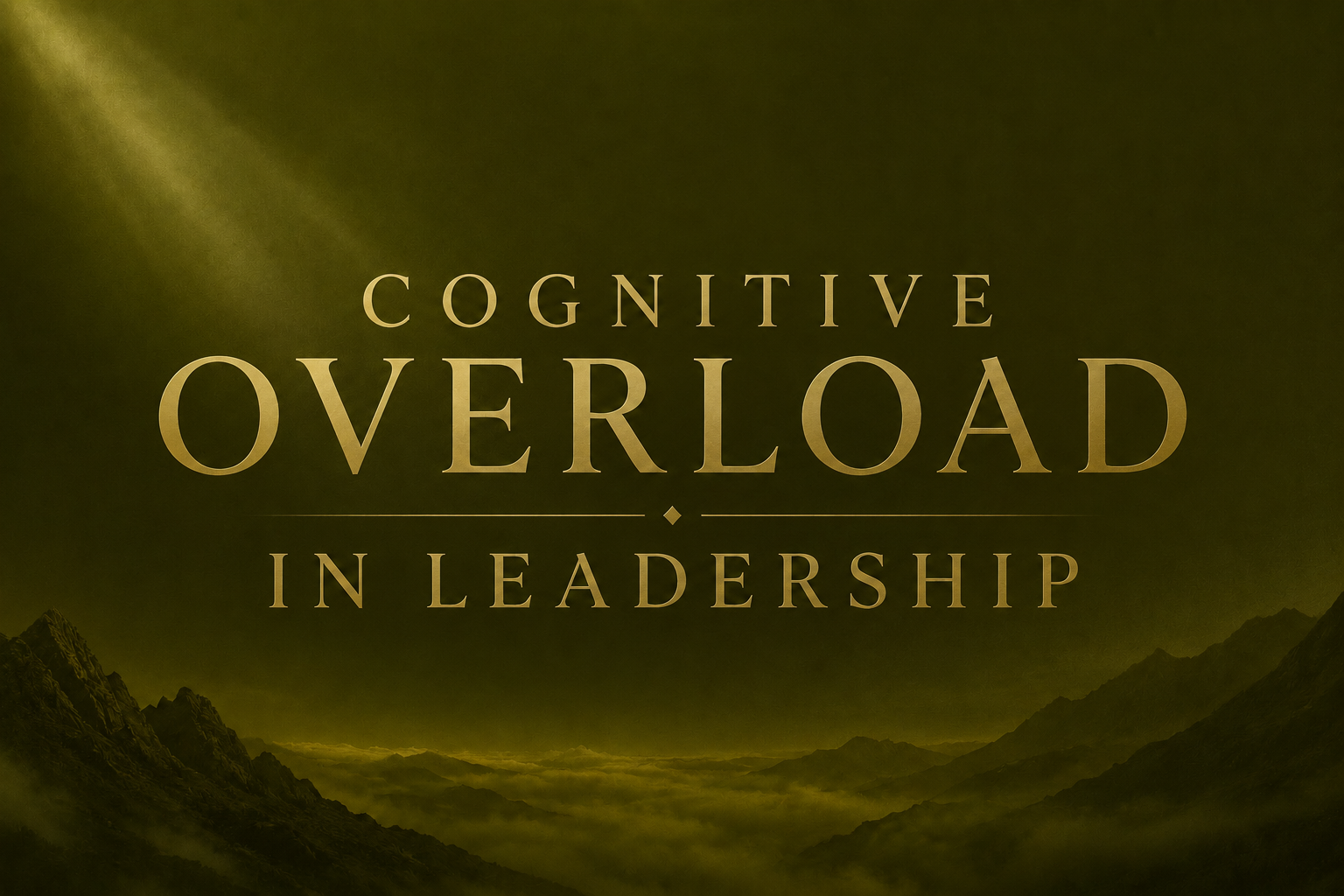 Text overlay reading 'Cognitive Overload in Leadership' over a misty mountain landscape with a greenish hue.