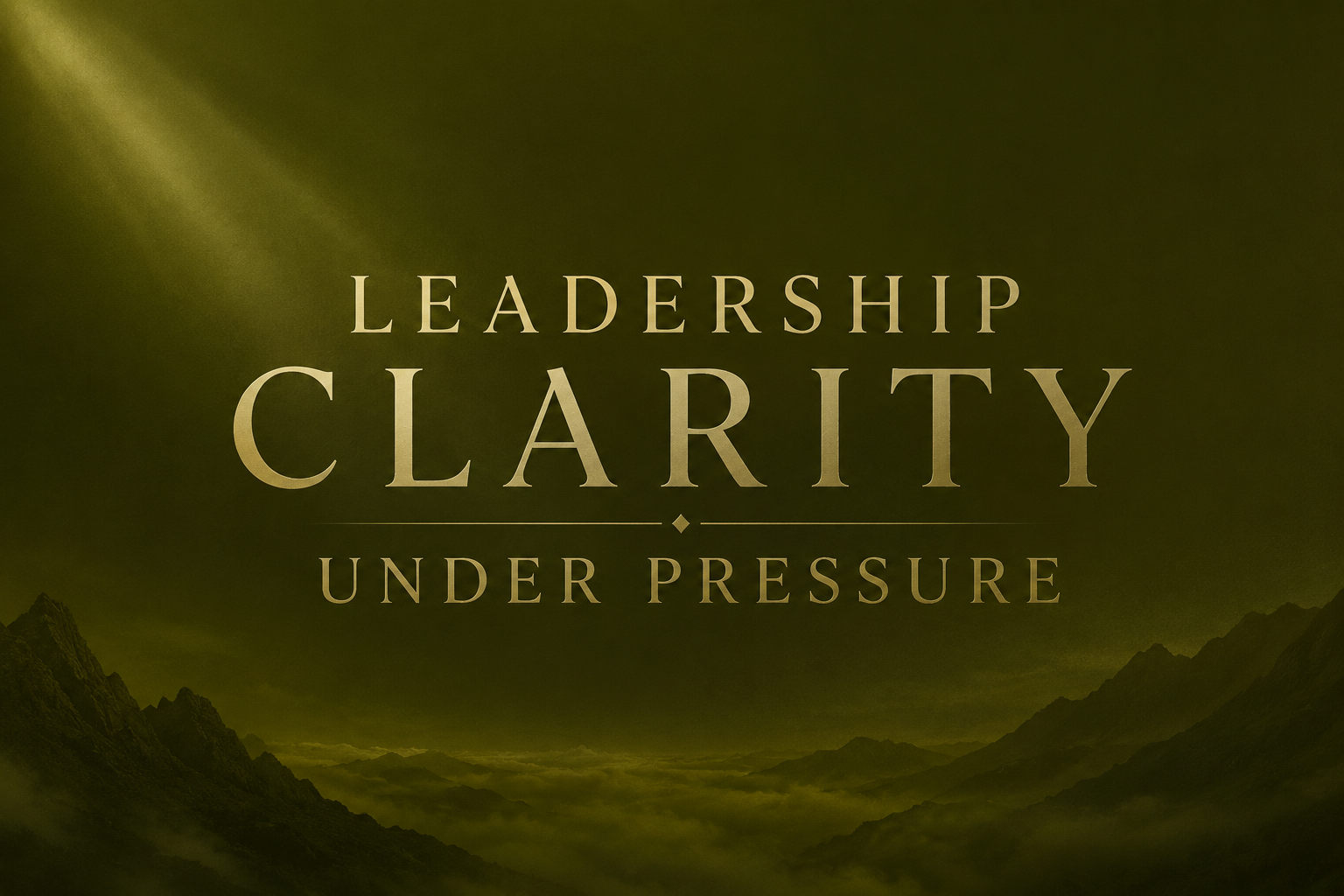 Mountain landscape with dark green sky and the words "Leadership Clarity Under Pressure" in large text