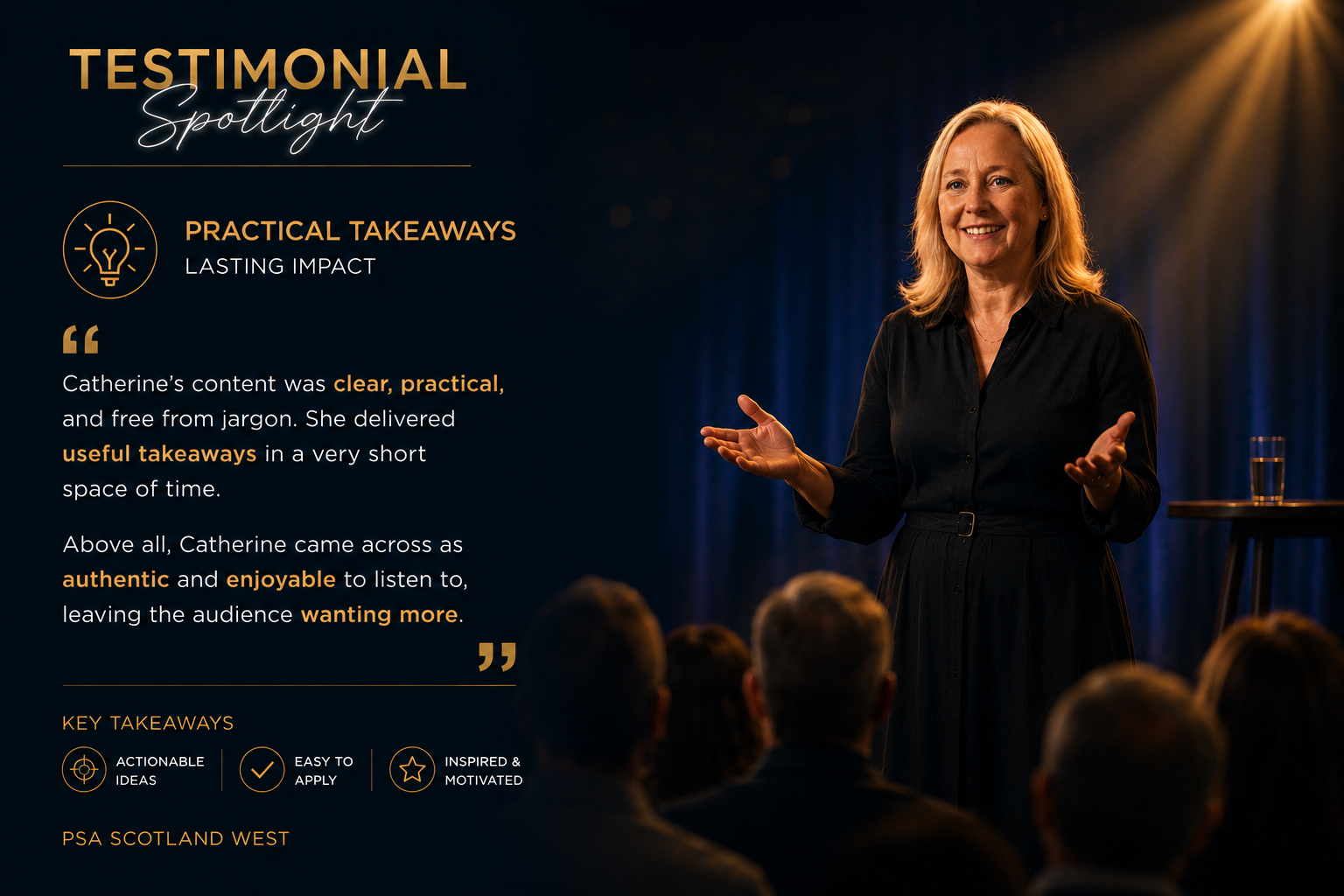 Slide titled 'Testimonial Spotlight' with a woman presenting in front of an audience. The slide includes a quote about a speaker's impactful content, highlighted words in orange, and key takeaways with icons for actionable ideas, easy application, and inspiration. The background shows a dark curtain and stage lights.