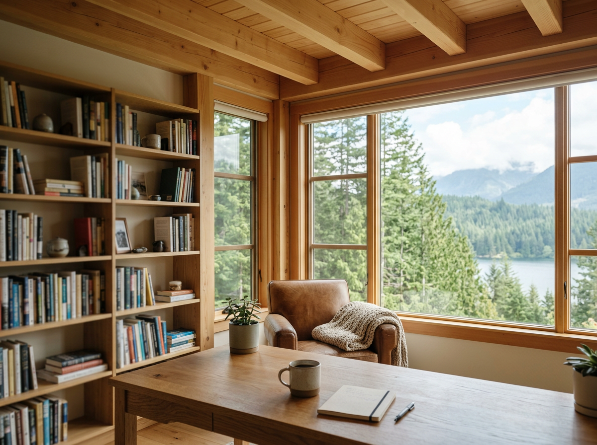 A cozy reading nook with a wooden table, a leather armchair with a cozy blanket, a bookshelf filled with books, and large windows showing a view of green trees and mountains.