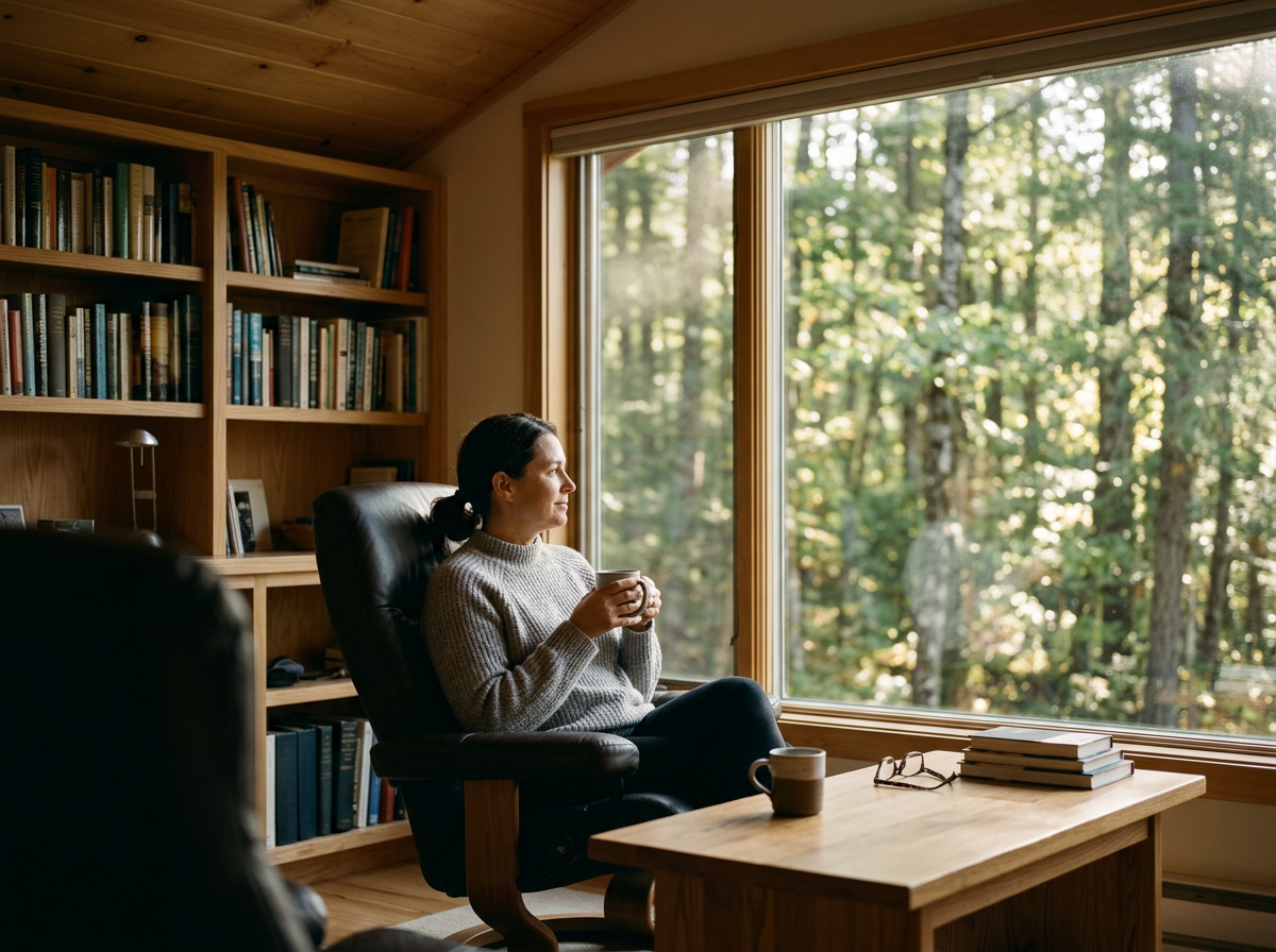 A woman sitting in a black leather office chair, holding a mug, looking out a large window at a forest with green trees, in a cozy wooden room with bookshelves.