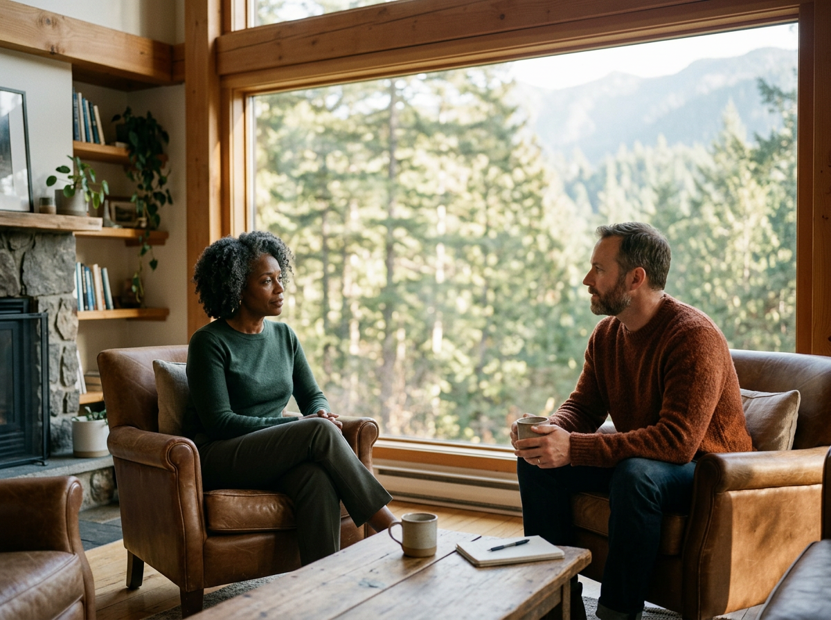 A woman and a man having a conversation in a cozy living room with large windows showing a forested mountain view, sitting on leather chairs with a rustic wooden coffee table in front of them.