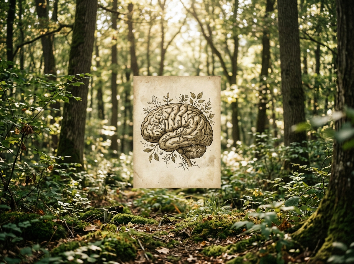Illustration of a brain with leaves growing around it, set in a forest scene.