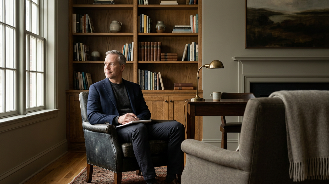 A man sitting in a chair near a window in a home library or study, with a bookshelf filled with books and decorative items behind him, and a desk with a lamp and a mug to his right.