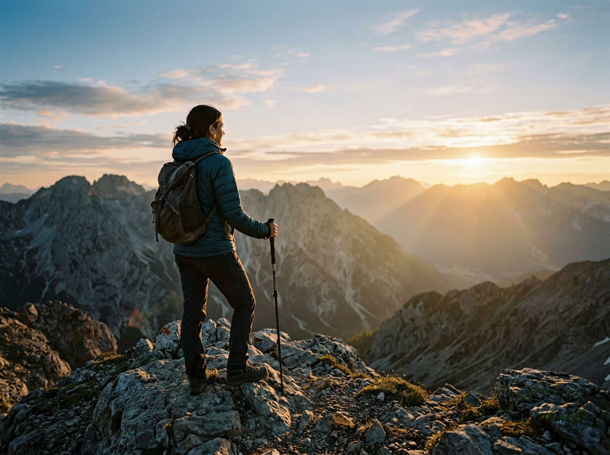 A woman with a backpack and hiking pole standing on rocky mountain terrain, watching the sunrise over distant mountain peaks.