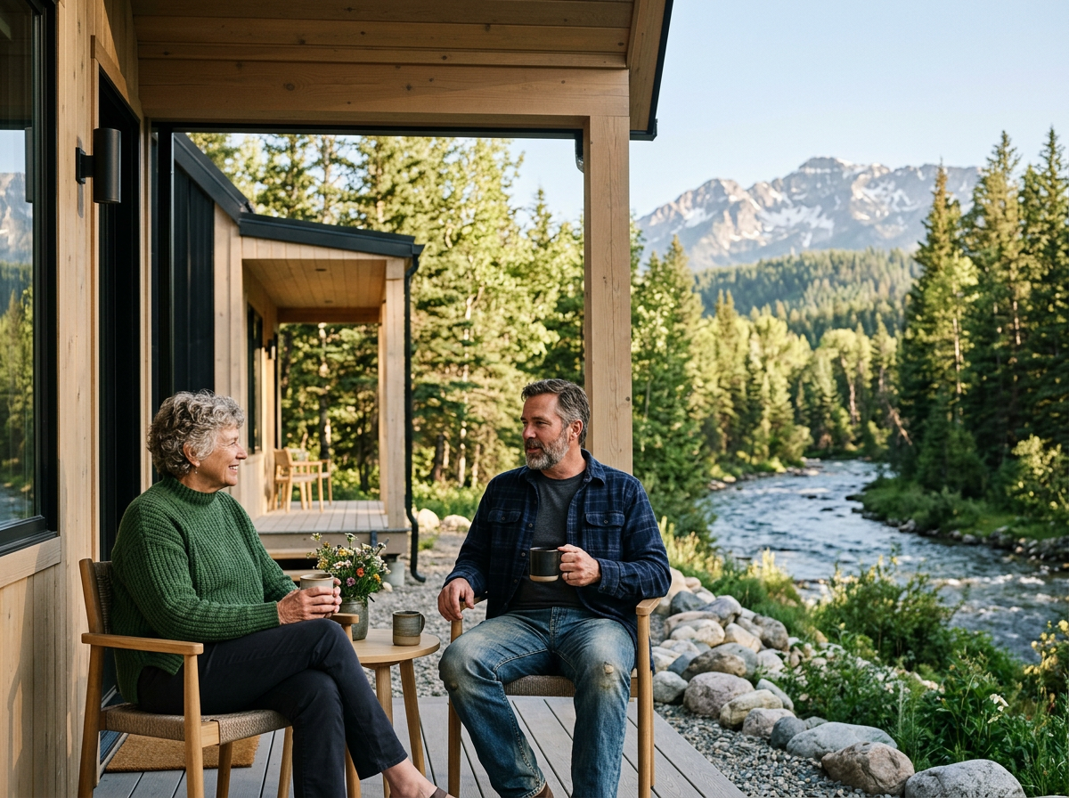 An elderly woman and middle-aged man sit on a porch, smiling and holding coffee mugs, with trees, river, and mountains in the background.