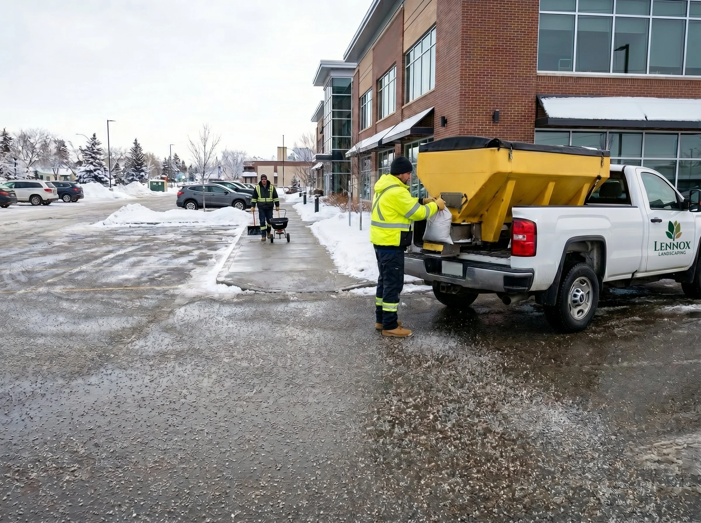 Two workers in yellow safety jackets and black hats are working outside a multi-story brick building during winter. One is filling a white bag from a yellow dump truck marked with 'Lennox Landscaping.' The other is pushing a cart with cleaning supplies. Snow covers the ground and the building's awnings.