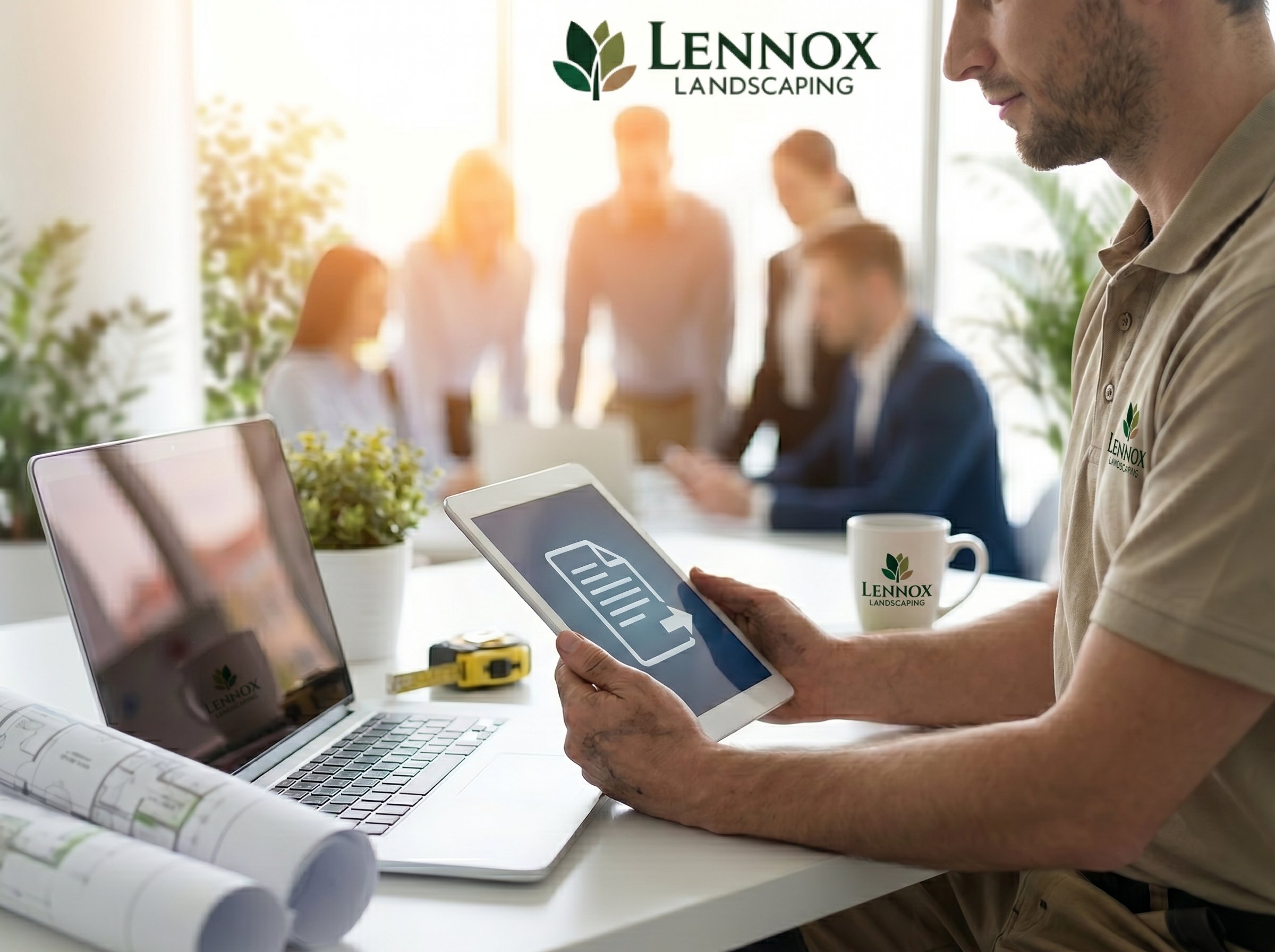 Man with a gray beard wearing a beige polo shirt with the Lennox Landscaping logo reviews a blueprint and holds a tablet with a blueprint icon in a bright office or conference room. In the background, blurred figures of four people are engaged in a discussion, with indoor plants and large windows suggesting a professional setting.